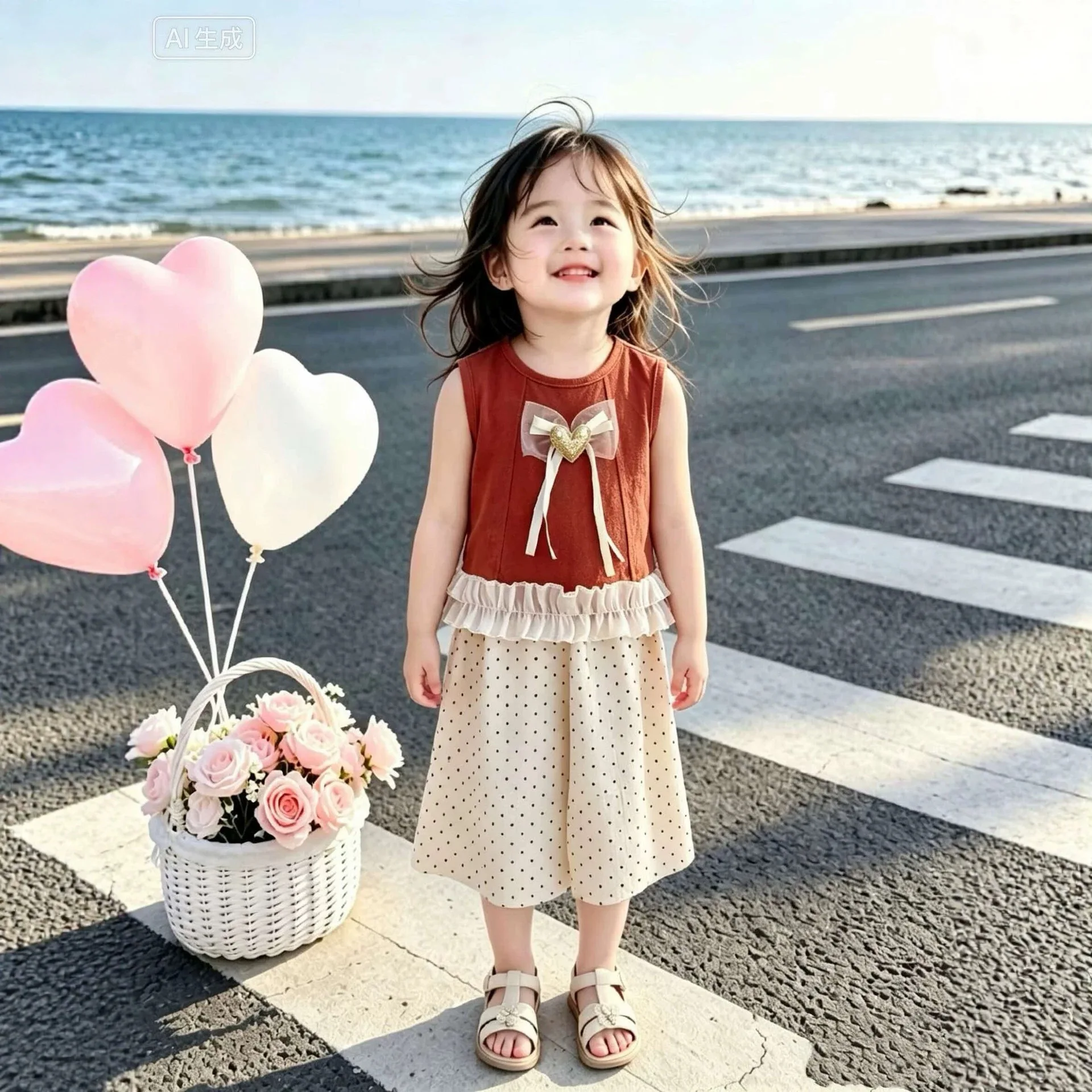 New Toddler Summer Baby Girls Clothes Sest Children Love Bow Sleeveless Top+ Wave Point Cropped Pants 2Pcs Suits Infant Clothing