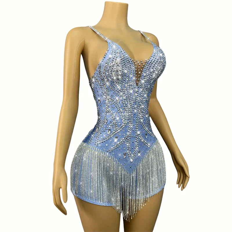 Body à franges avec strass bleus pour femmes, justaucorps à paillettes, tenue de défilé sur scène, Bar DJ, vêtements de Festival sur scène, Costume de Jazz