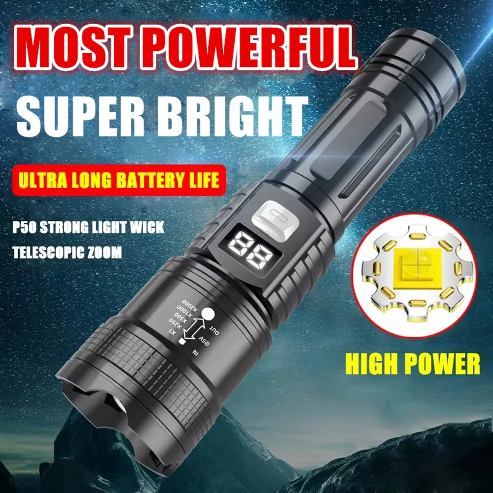 

Powerful Long Range LED Flashlight Tactical Light Power Display USB Rechargeable Light Telescopic Zoom Torch Camping Lantern