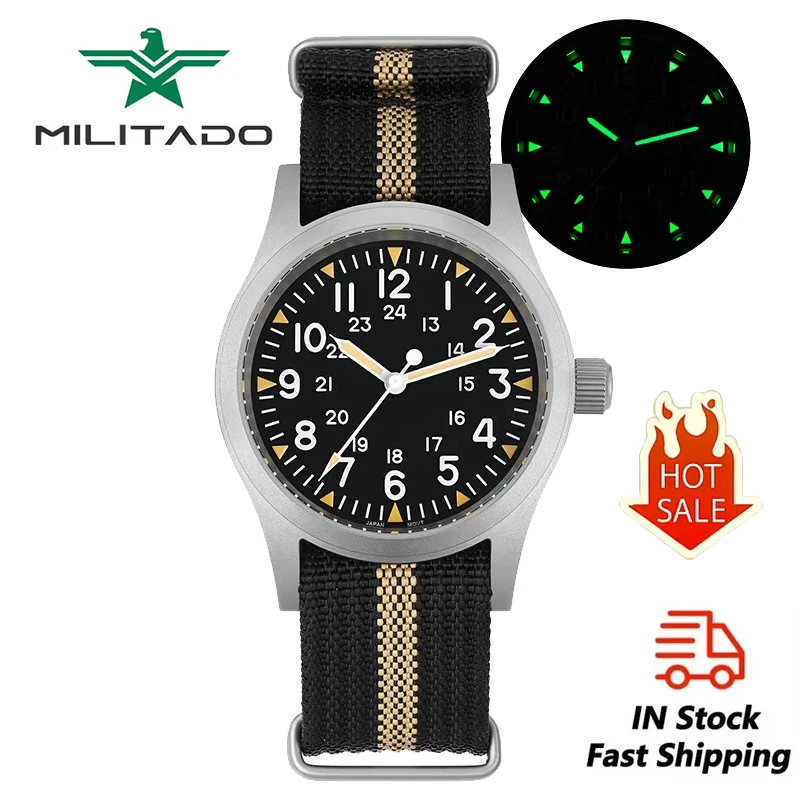 Militado ML05 Quartz Watch Miyota 2035 Movement Domed Sapphire Crystal Military Watch C3 Green Luminous 10Bar Waterproof Vintage Watches