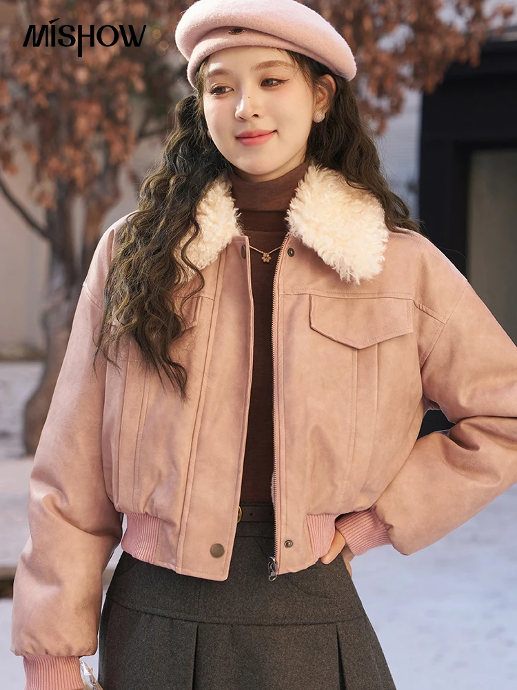 MISHOW Vintage Pu Leather Fleece Jacket Women Winter High Quality Lamb Wool Lapel Crop Coat Woman Thick Warm Outwear MXC52W0281