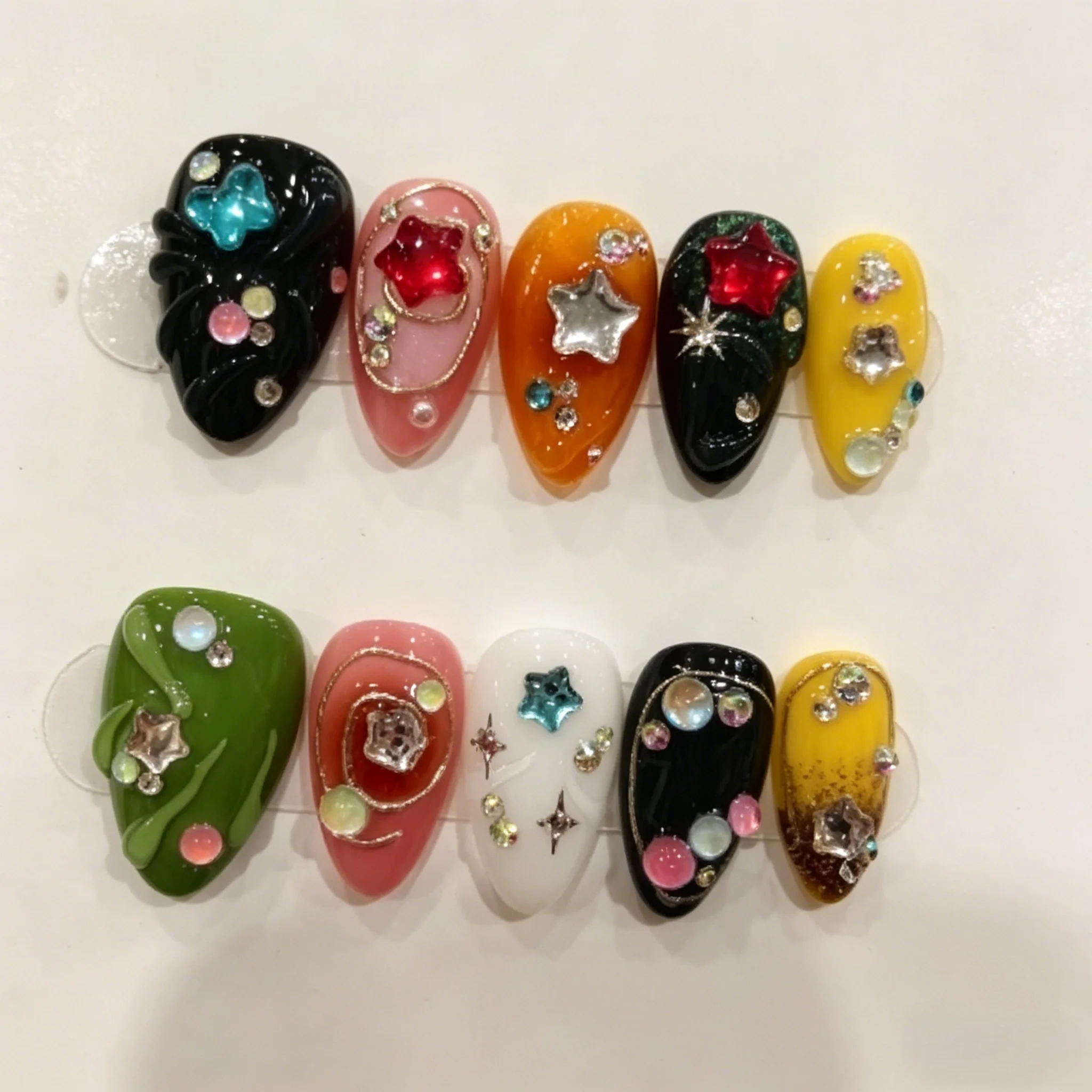 10pcs Handmade Y2K Press On Nails Short Almond Fake Nails with 3D Star Charms & Colorful False Nail for Women&Girl Fake Nail