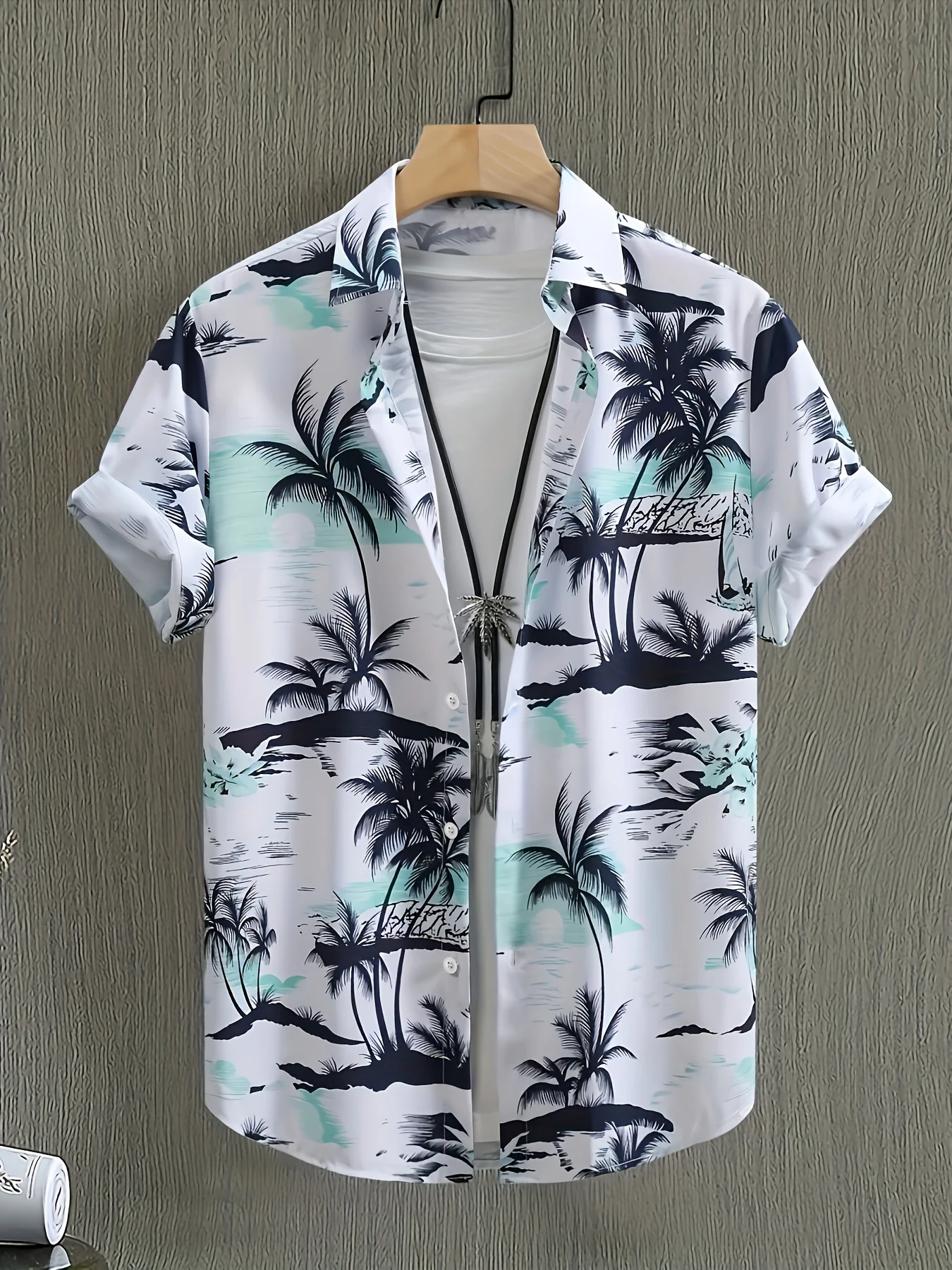 Men's Summer Ink Style Palm Tree Island Print Hawaiian Shirt Lapel Short Sleeve Button Down Casual Vacation Beach Party Top