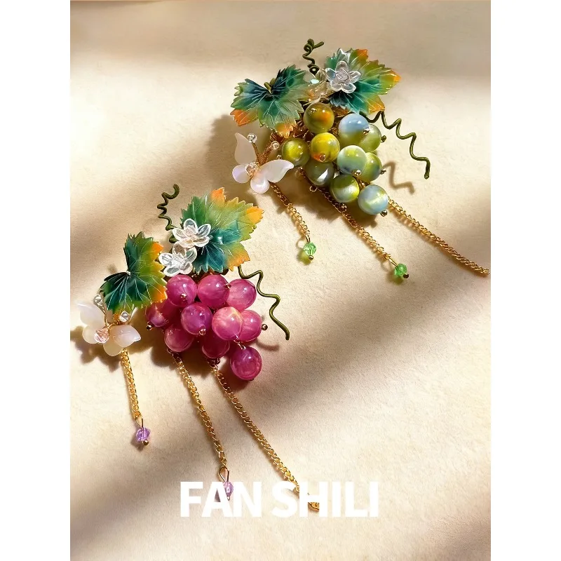 Grape Cluster Tassel Side Hair Clip Lolita Ancient Chinese Style Daily Hanfu Alligator Clip Hair Accessory Handmade Gift for Her