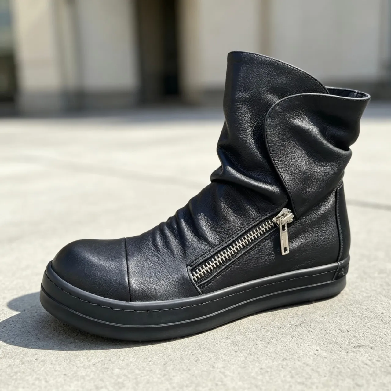 Men's High Top Casual Shoes Luxury Zipper Pleated Design Black Leather Handmade Ankle Boots -  Street Style for Men And Women