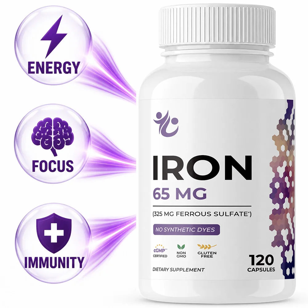 High Potency Iron Supplement - Iron 65 mg (from 325 mg Ferrous Sulfate), Non-GMO, Gluten Free, 120 Capsules