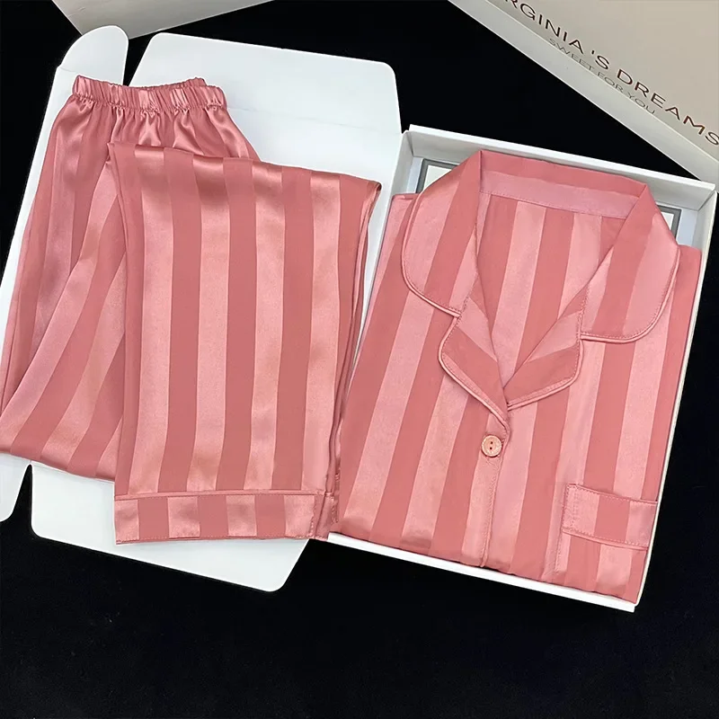 

High-quality Striped Pajamas Women's Spring Autumn Long-sleeved Trousers Thin Cardigan Pijamas Women Pink Satin Silk Sleepwear