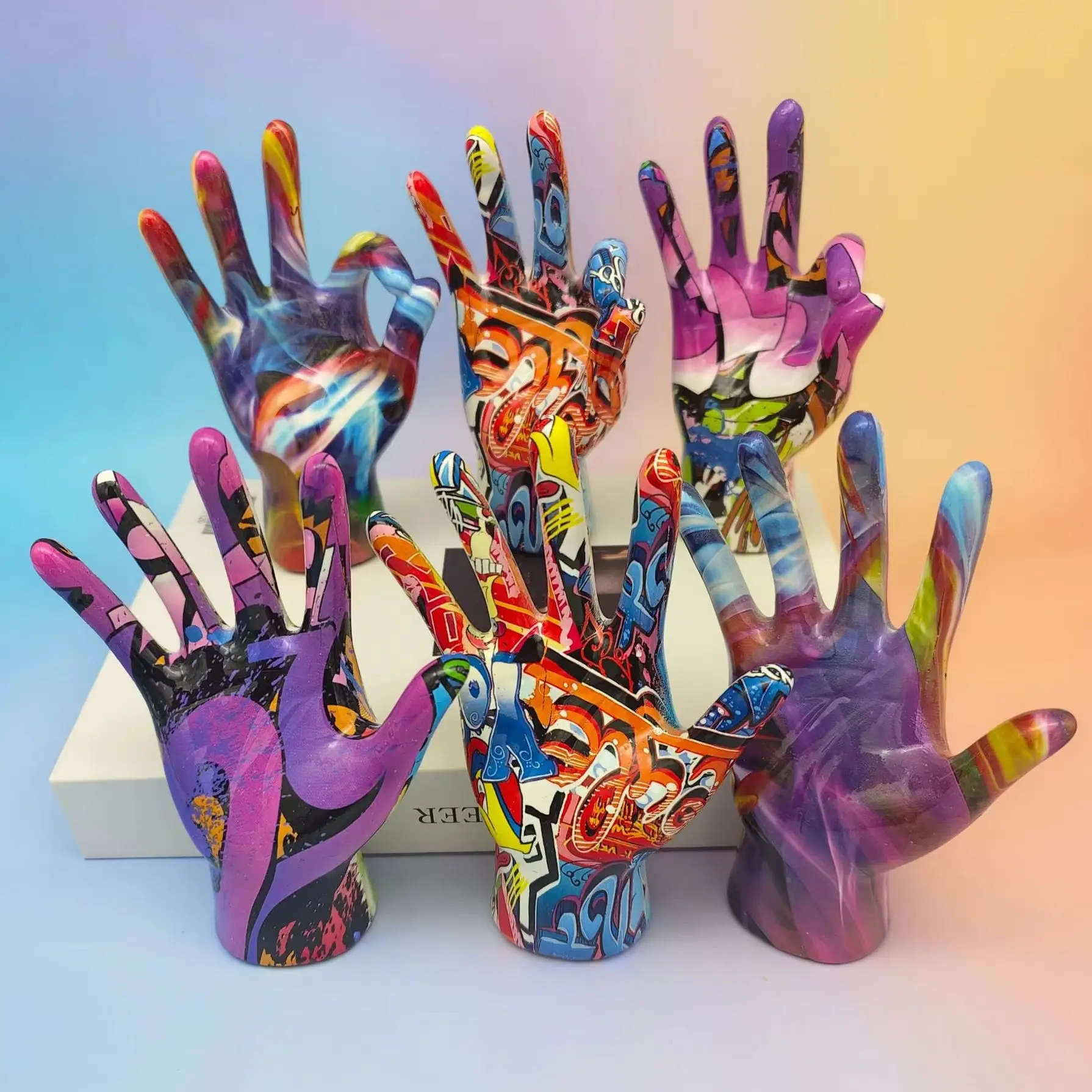 Graffiti Hand Gesture Statue Modern Art Colorful Hand Resin Figurine Finger Model for Home Desktop Office Decor
