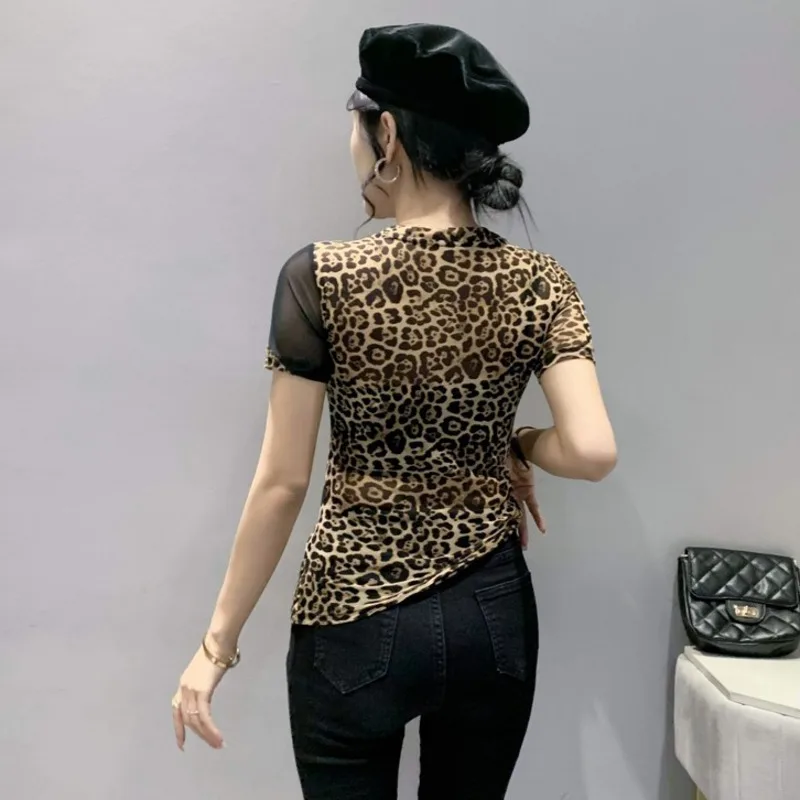 # 5239 Summer Leopard T Shirt Women Spliced Mesh Sexy Vintage Skinny T Shirt Female O-neck Diamonds Short Sleeve T-shirts Retro