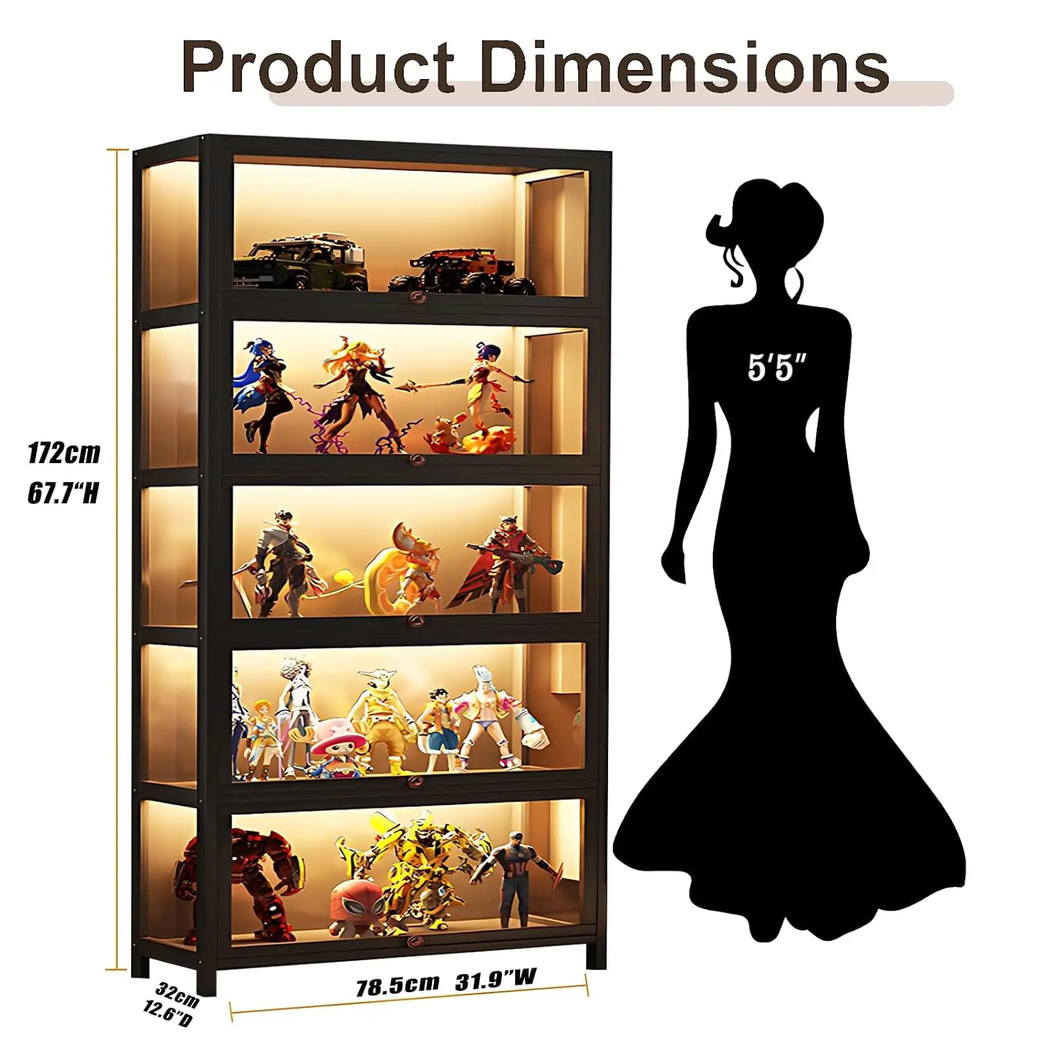 Display Cabinet Showcase, 5-Tier Bamboo Curio Case with Clear Doors and Magnetic Suction, 68 Inch Tall Bookcase for Collectors