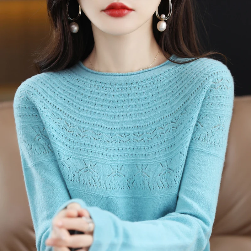 100% wool cashmere sweater women\'s sweater round neck hollow long sleeve pullover warm pullover in autumn and winter