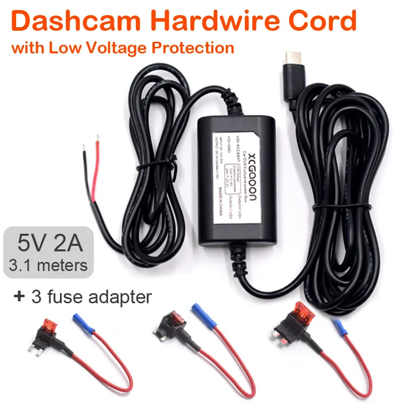 Zasilacz 5V 2A do kamery samochodowej, wideorejestratora, zestaw do podłączenia bezpośredniego z kablem USB Mini Micro Type-C, długość 3 metry, ładowanie samochodowe.