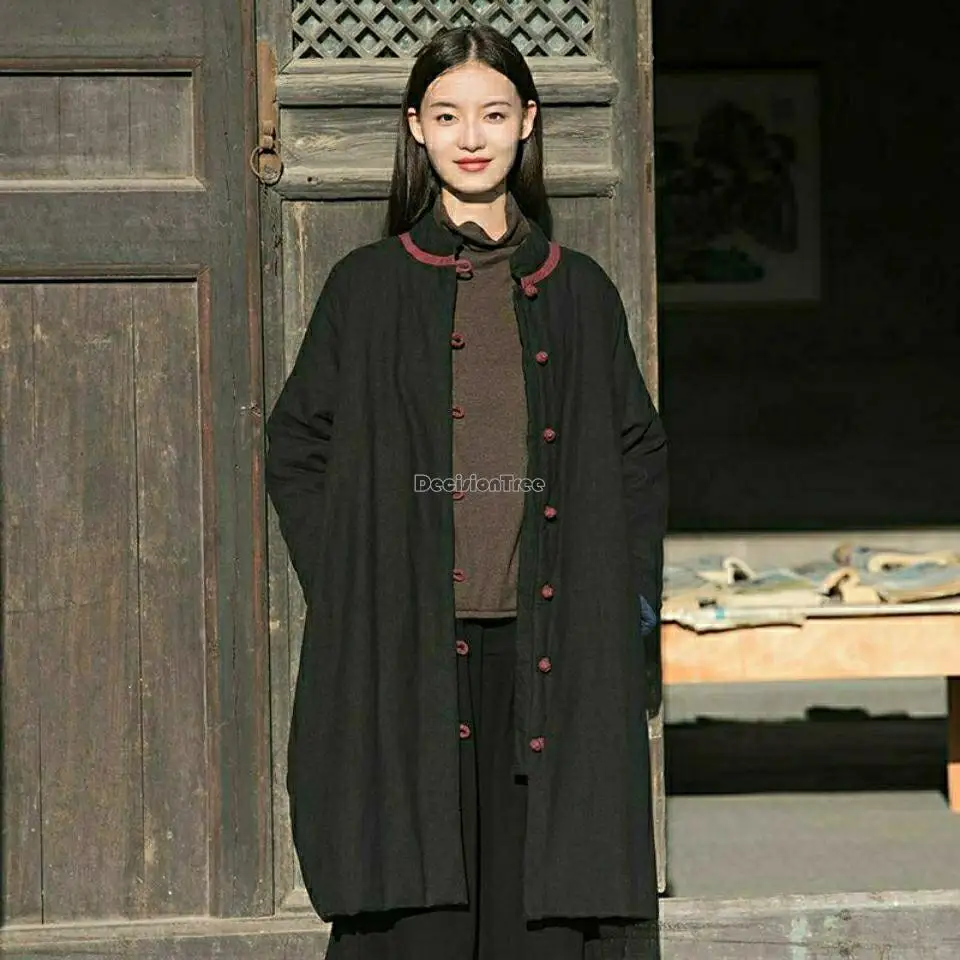 2023 winter new vintage stand collar chinese style pan buckle long thicked jacket cotton linen loose cotton-padded coat s936