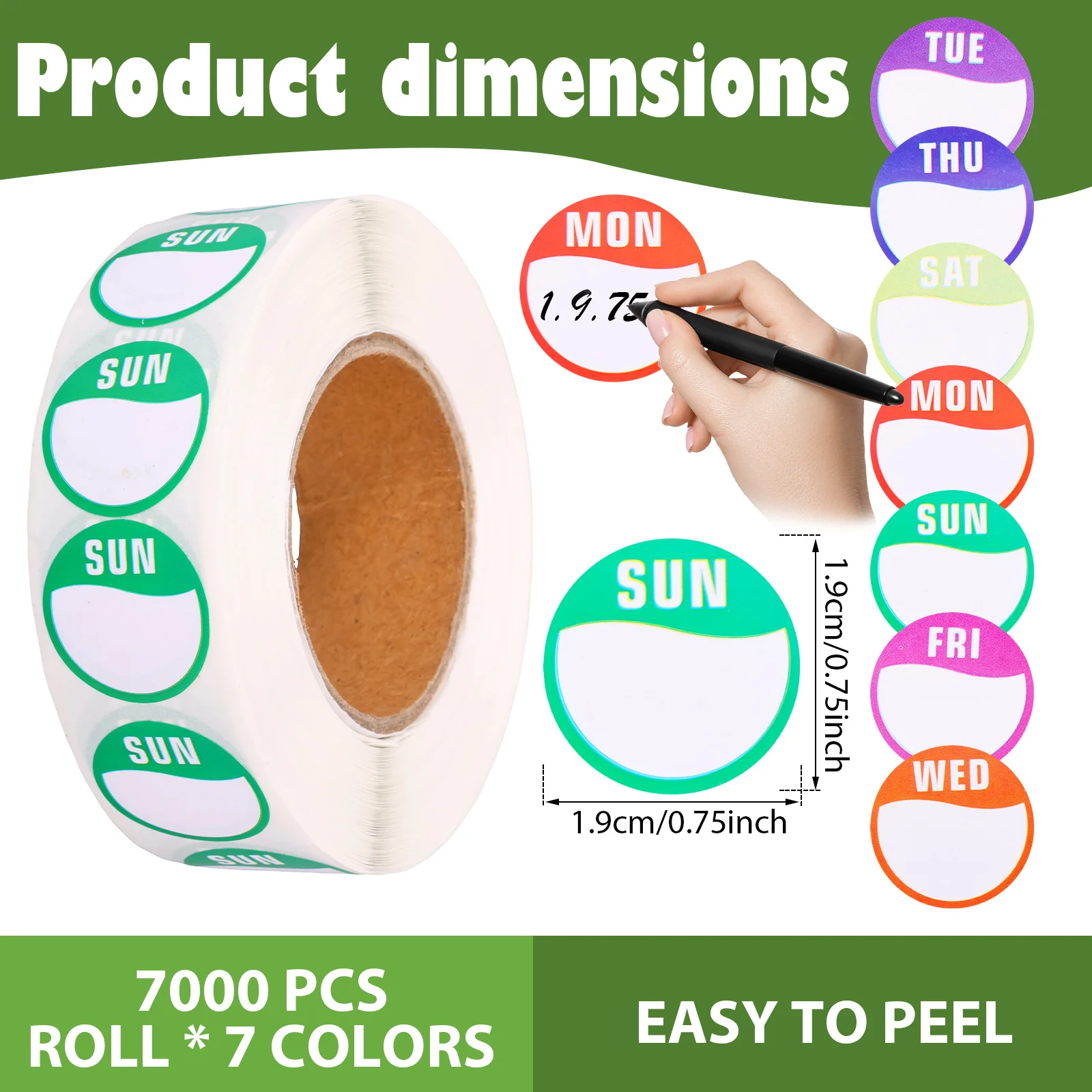 7Rolls Paper Week Stickers Self-Adhesive Date Stickers7000Pcs Round Dots Food Labels Removable Weekday Stickers for Kitchen Home