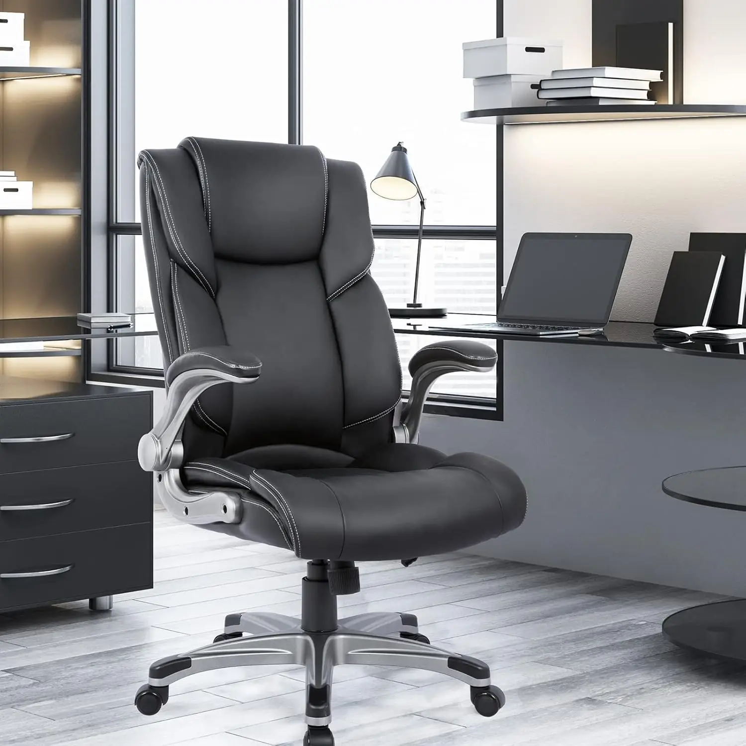 COLAMY High Back Executive Office Chair- Ergonomic Home Computer Desk Leather Chair with Padded Flip-up Arms