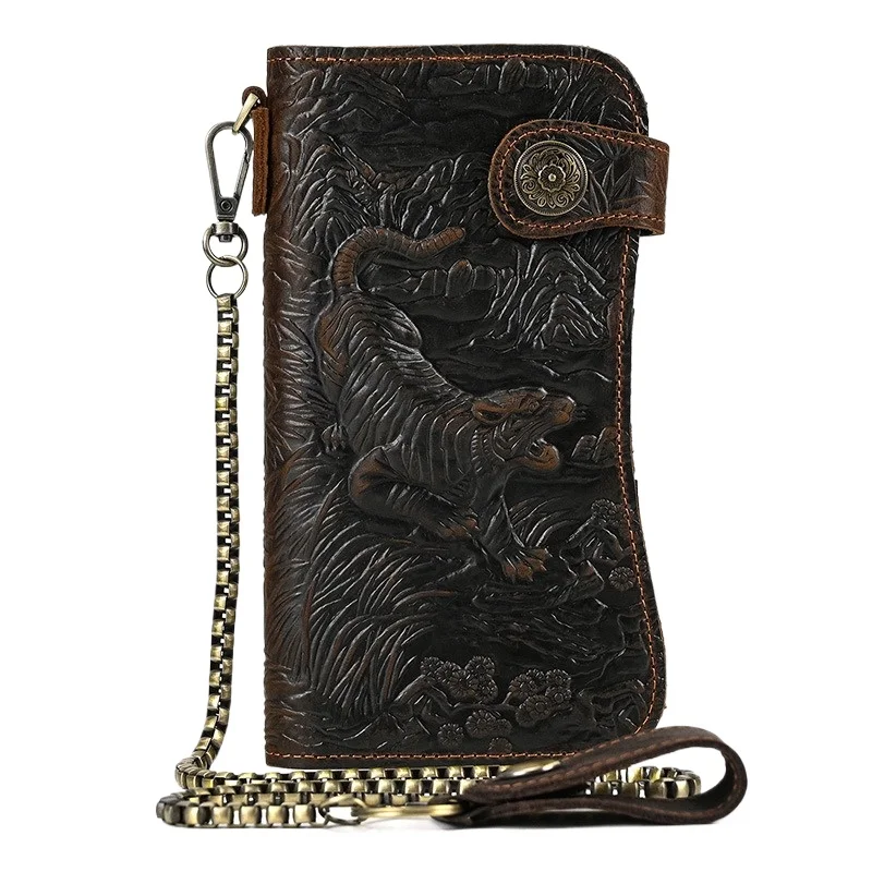 

Мужской кожаный кошелек-портмоне класса люкс из кожи Crazy Horse с тиснением дракона и тигра, винтажный, с цепочкой, защита от кражи, модный