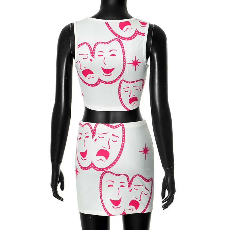 Sifreyr Y2K Portrait Print 2-teiliges Set Damenmode Passendes Set Sommer Ärmelloses Crop Top Miniröcke Streetwear Casual Anzüge