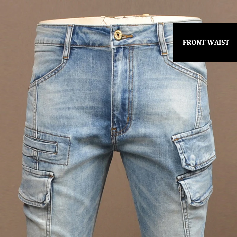 Moda uliczna Mężczyźni Jeans Retro Blue Stretch Slim Fit Spliced Designer Biker Jeans Men Big Pocket Designer Hip Hop Denim Pants