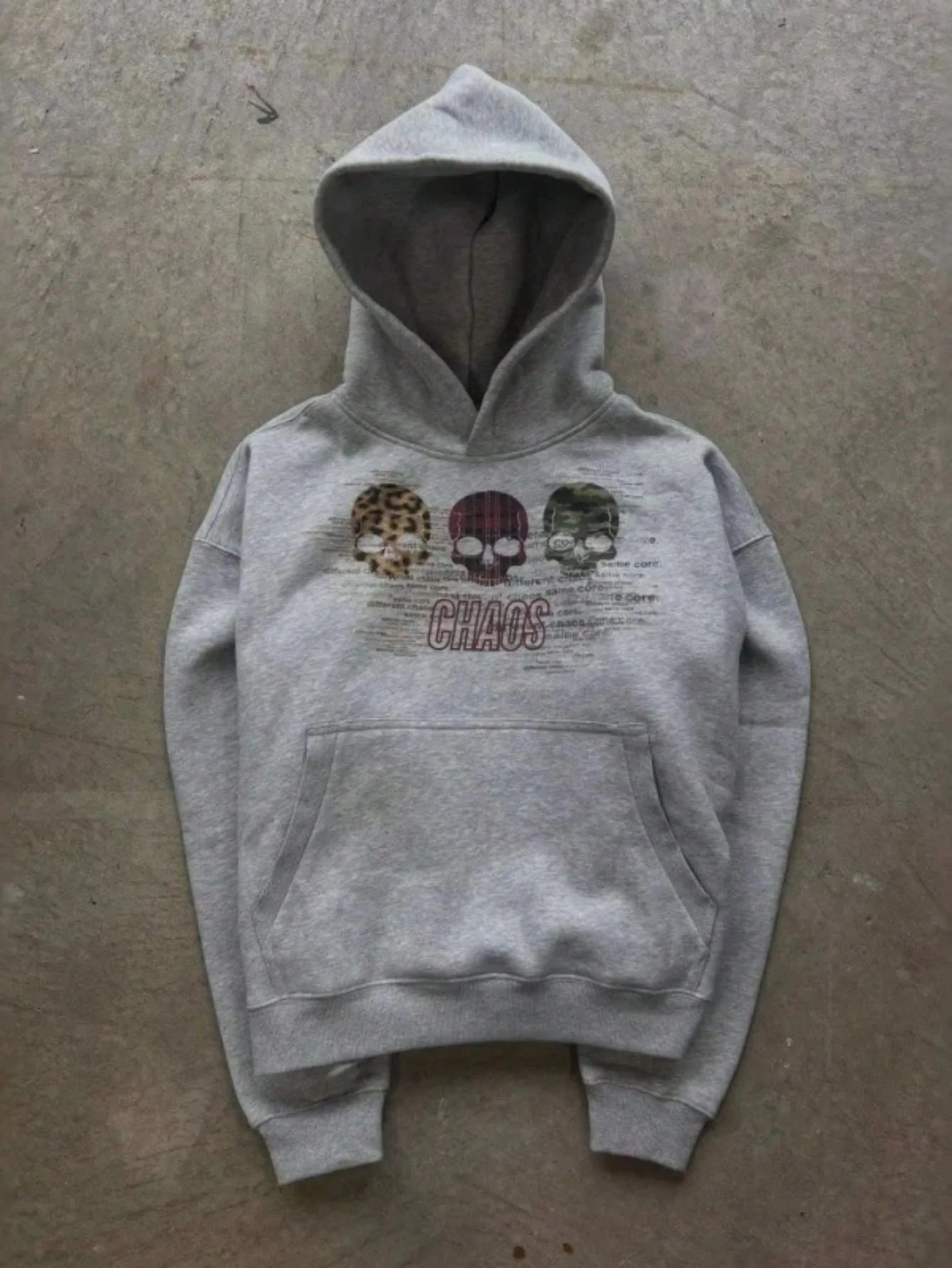Three‑Color Leopard Plaid Camo Skull Letter‑Print Heather‑Grey Hoodie Women Kangaroo Pocket Loose Pullover Top