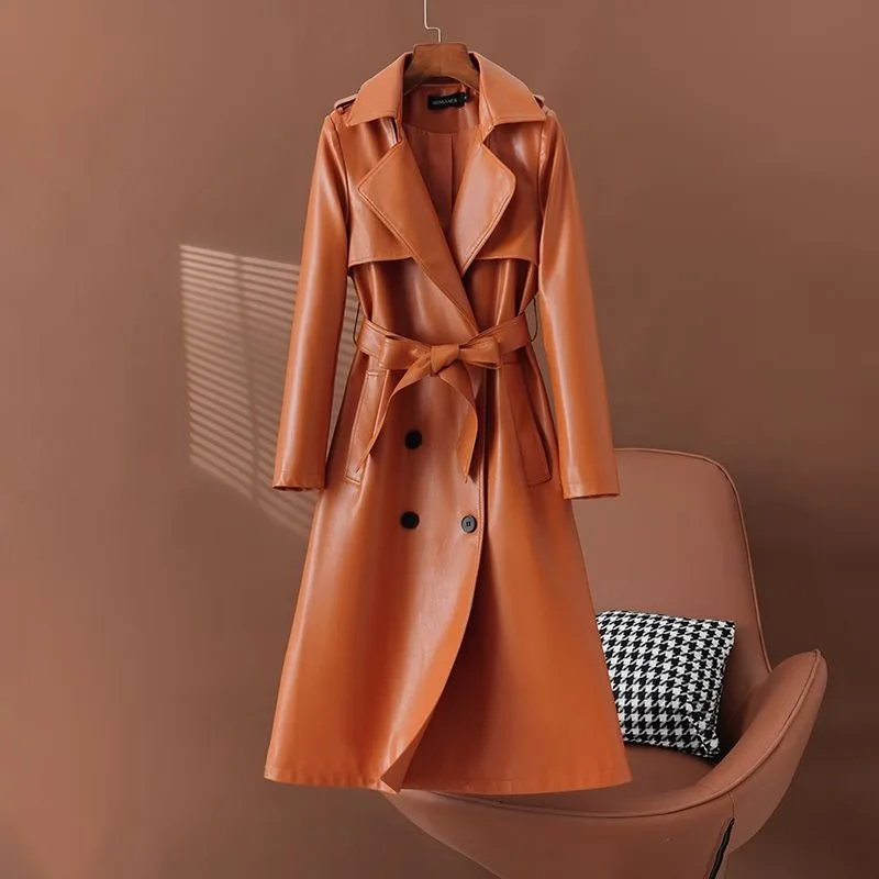 سترة واقية من الرياح للنساء سترة جلدية متوسطة الطول مع أربطة على الخصر وتناسب شكل من جلد الغنم الصناعي بدلة مزدوجة الصدر #3