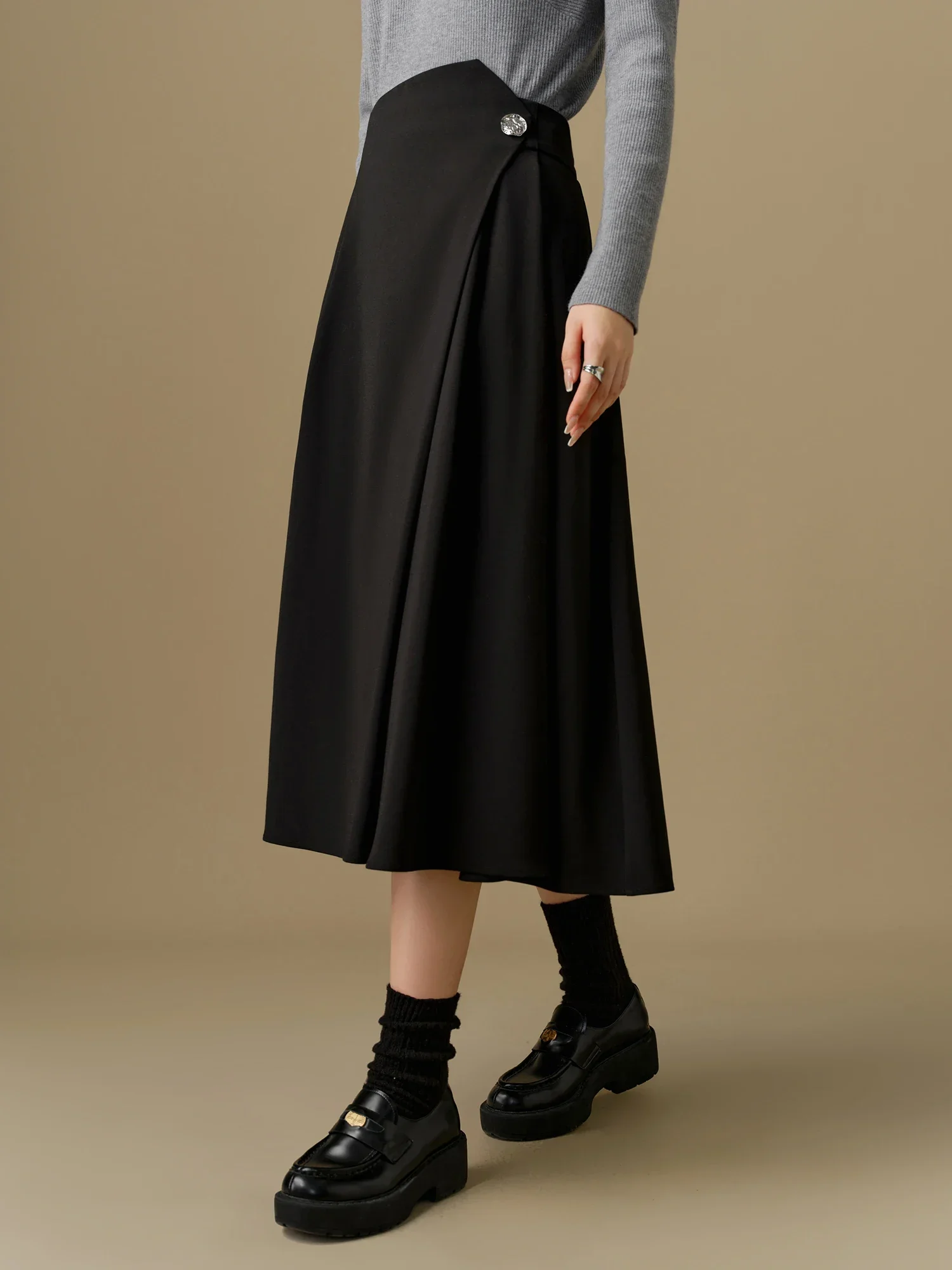 DUSHU【2 Length】Women Winter Long Skirts Irregular Waist Design Female Black Commuter Twill Skirt Mini Skirt 24DS84396+24DS84397