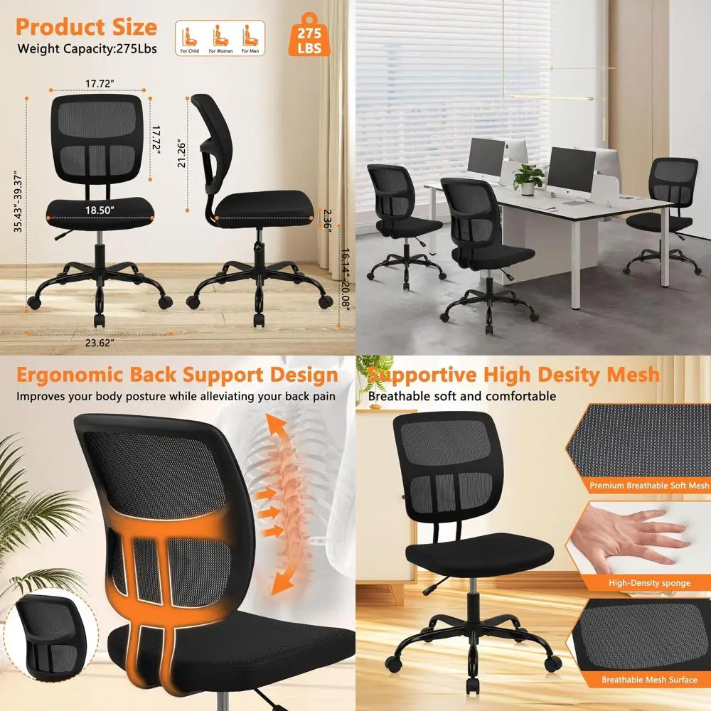 

Ergonomic Mesh Swivel Chair with Wheels, Adjustable Height, Armless Office Chair for Small Desks, 360-Degree Rotation, Ideal for