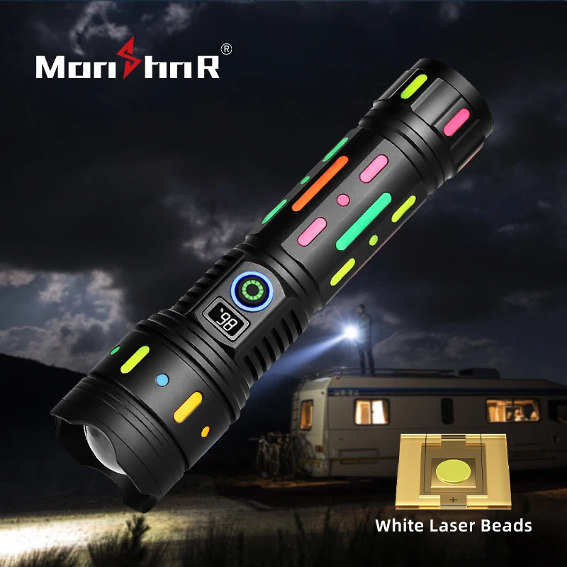 MONHNR Powerful White Laser LED Flashlight Fluorescent Absorbing Film Luminous Colorful Tactical Flashlight Power Display