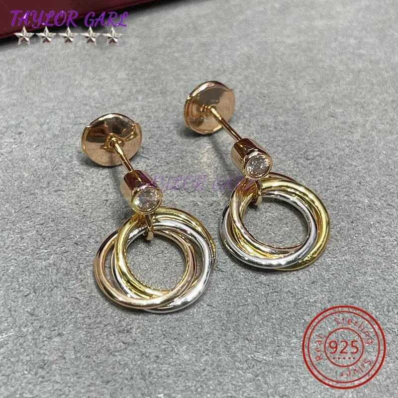 S925 sterling silver high quality original logo simple classic women trinity round earrings elegant fashion luxury party jewelry