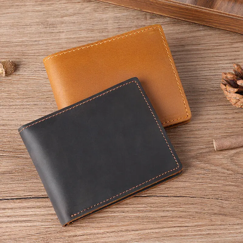 Retro Crazy Horse Top Grain Leather Mens ID Card Handmade Wallets Change Coins Pocket Durable Billfold Wallet