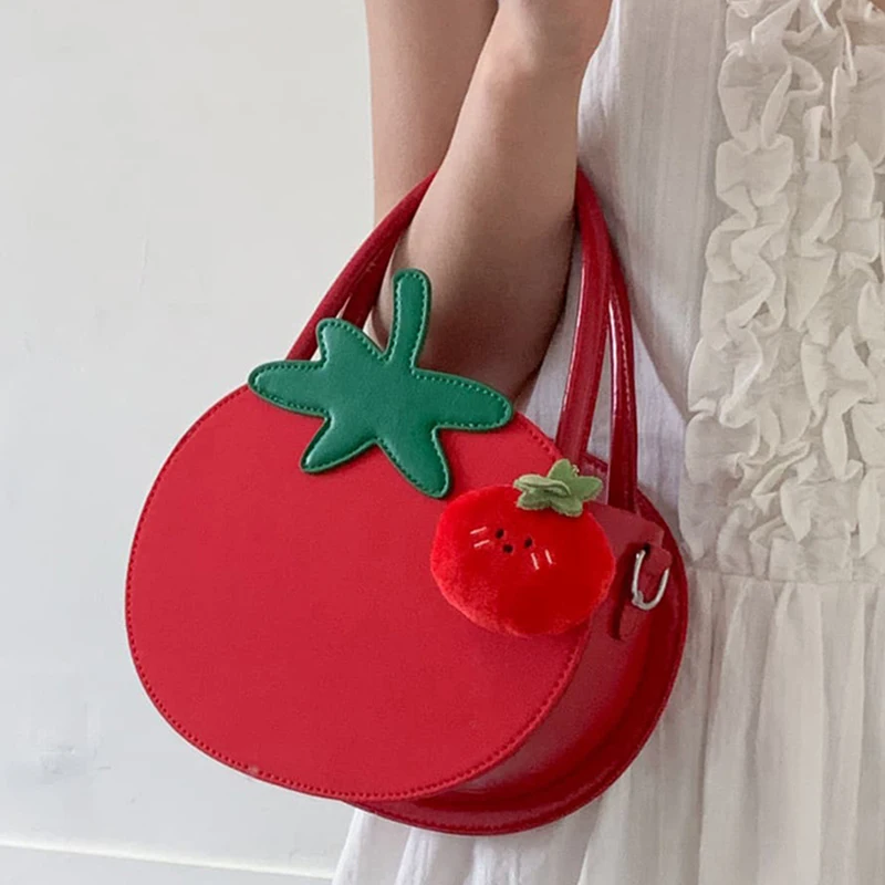 

Creative 3d Red Tomato Pu Handbag Cartoon Cute Fruit Shoulder Bag With Pendant Women's Novelty Purse Fashion Elegant Tote Bags