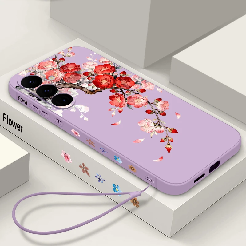 Peach Blossom Print Silicone Phone Case For Samsung Galaxy A17 A56 A36 A55 A16 A26 A15 5G A35 A54 A25 A14 Soft TPU Lanyard Cover