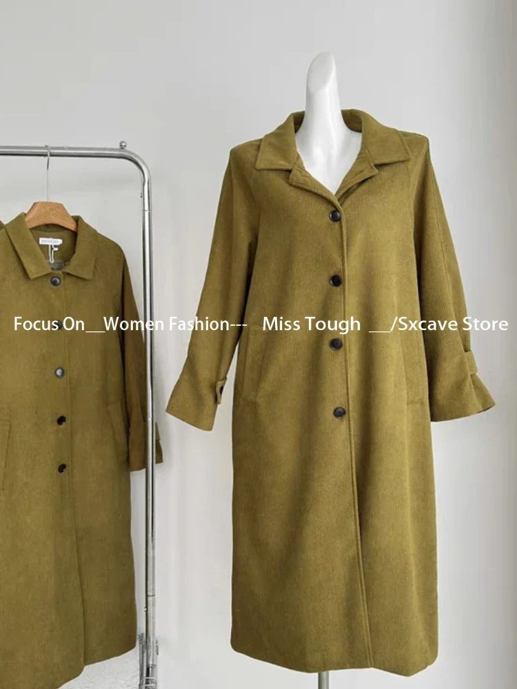 Vintage Corduroy Trench Coats Women Casual Y2k Clothing Korean Fashion 2000s American Retro Jacket Overcoats Outwear Autumn