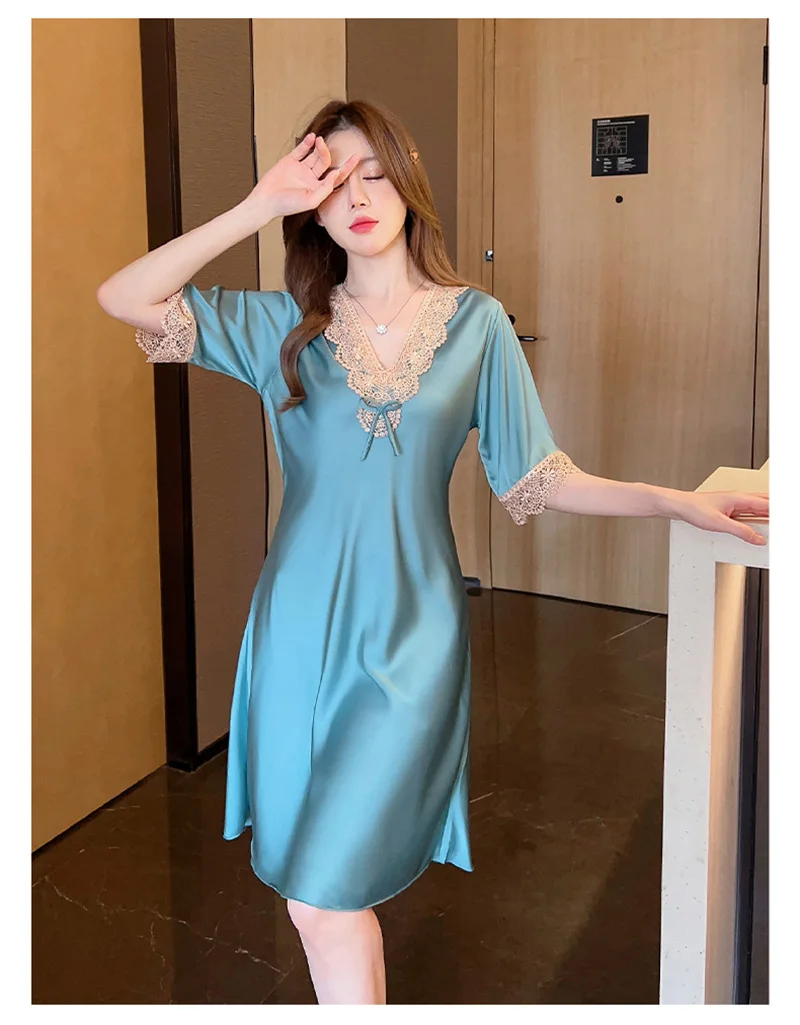 Women\'s Clothing New Silk Pajamas Spring And Summer Thin Section Sexy Sweet Lace Embroidery Short-Sleeved Dress Nightgown