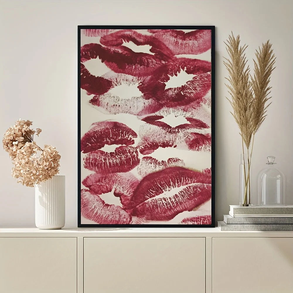 1pc Modern Sexy Red Lips Portrait Poster - Lipstick Print on Fabric, Matte, Pre-Stuck Adhesive Backing for Easy Hanging, Fram