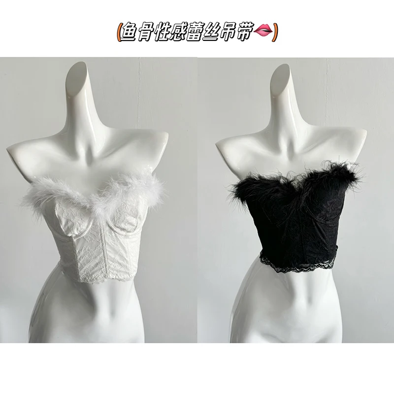 Fashion Women's Furry Trim Corset Tube Tops Solid Color Sleeveless Strapless Bustier Bandeau Crop Tops Vintage Chic Tank Top