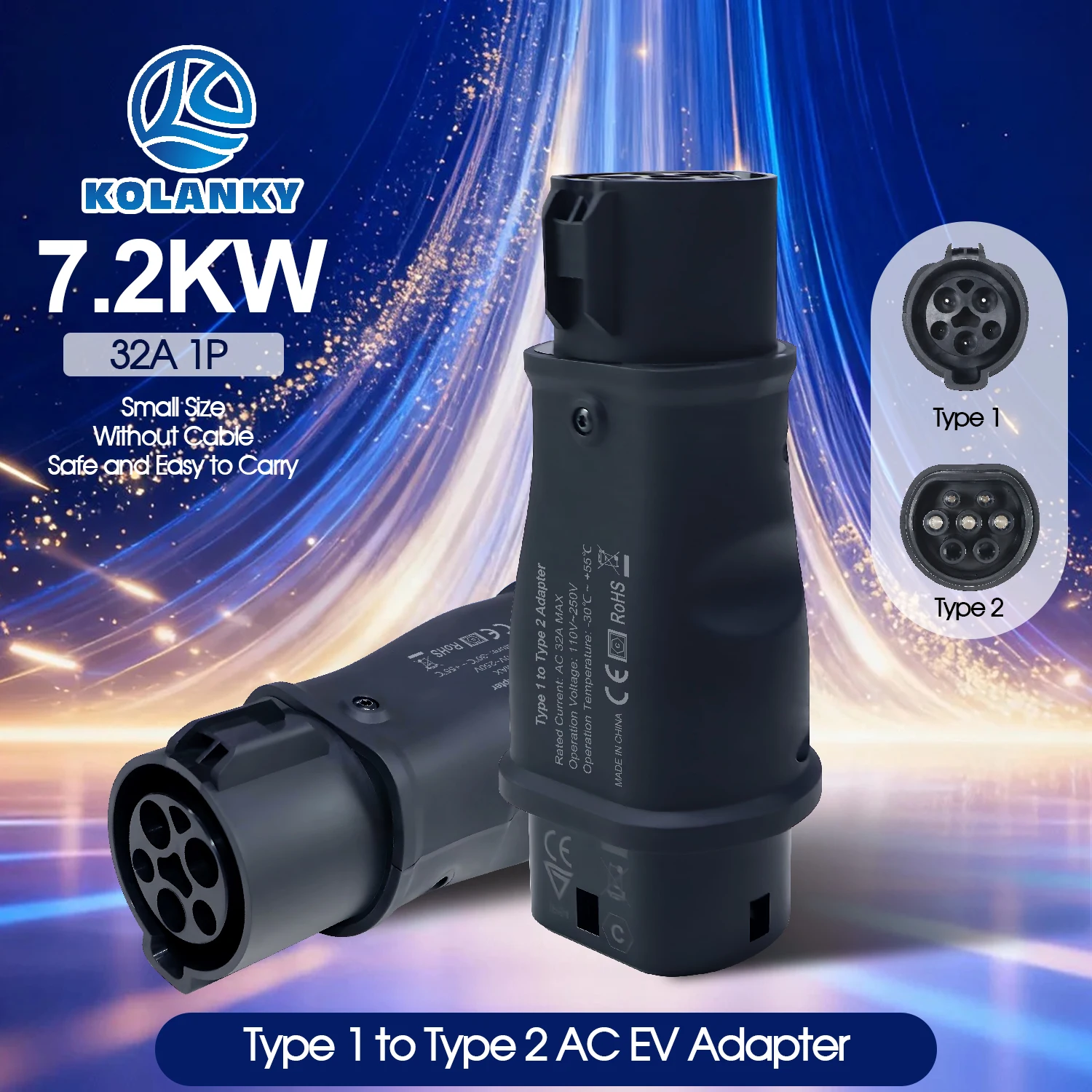 Kolanky Type 1 to Type 2 EV Adapter 7.2KW 32A J1772 to IEC 62196-2 Converter AC Charging for Type 2 Car Without Cable