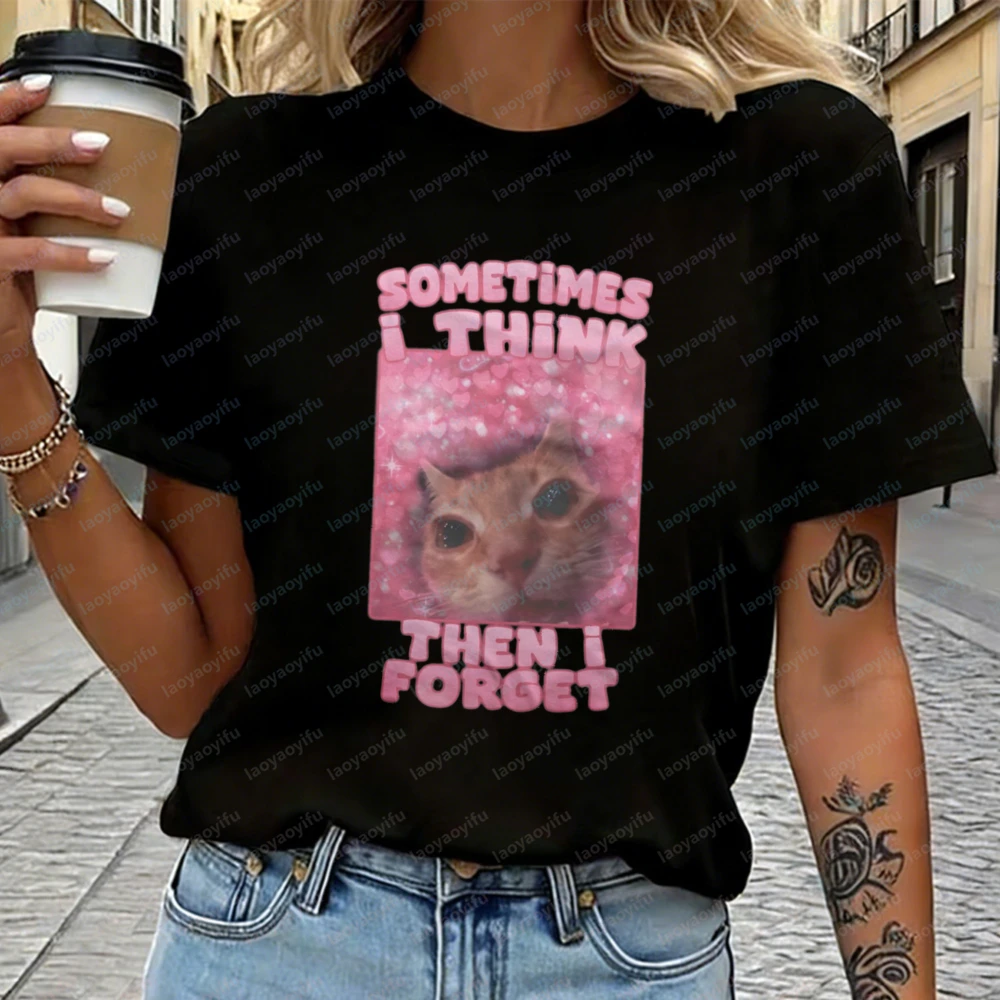 Cute Pink Heart Sometimes I Think Then I Forget Cat Meme Print Casual Tops Y2K Kawaii Fun Trend Cotton T-Shirt for Women Men