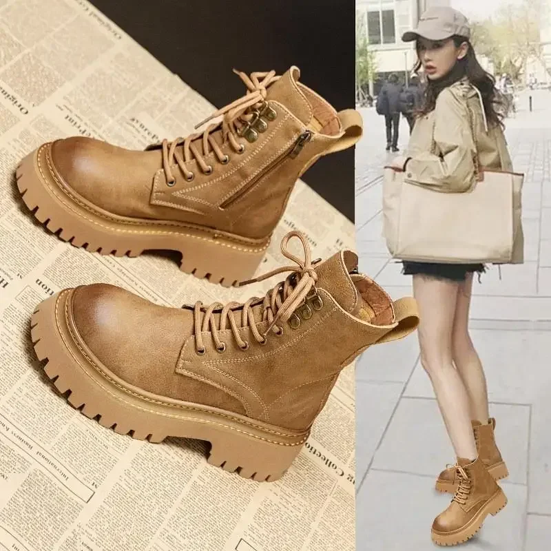 

New Retro Women Shoes Genuine Leather Women's Boots Motorcycle Boots for Women Stitching Ankle Boots for Women Botas Para Mujer