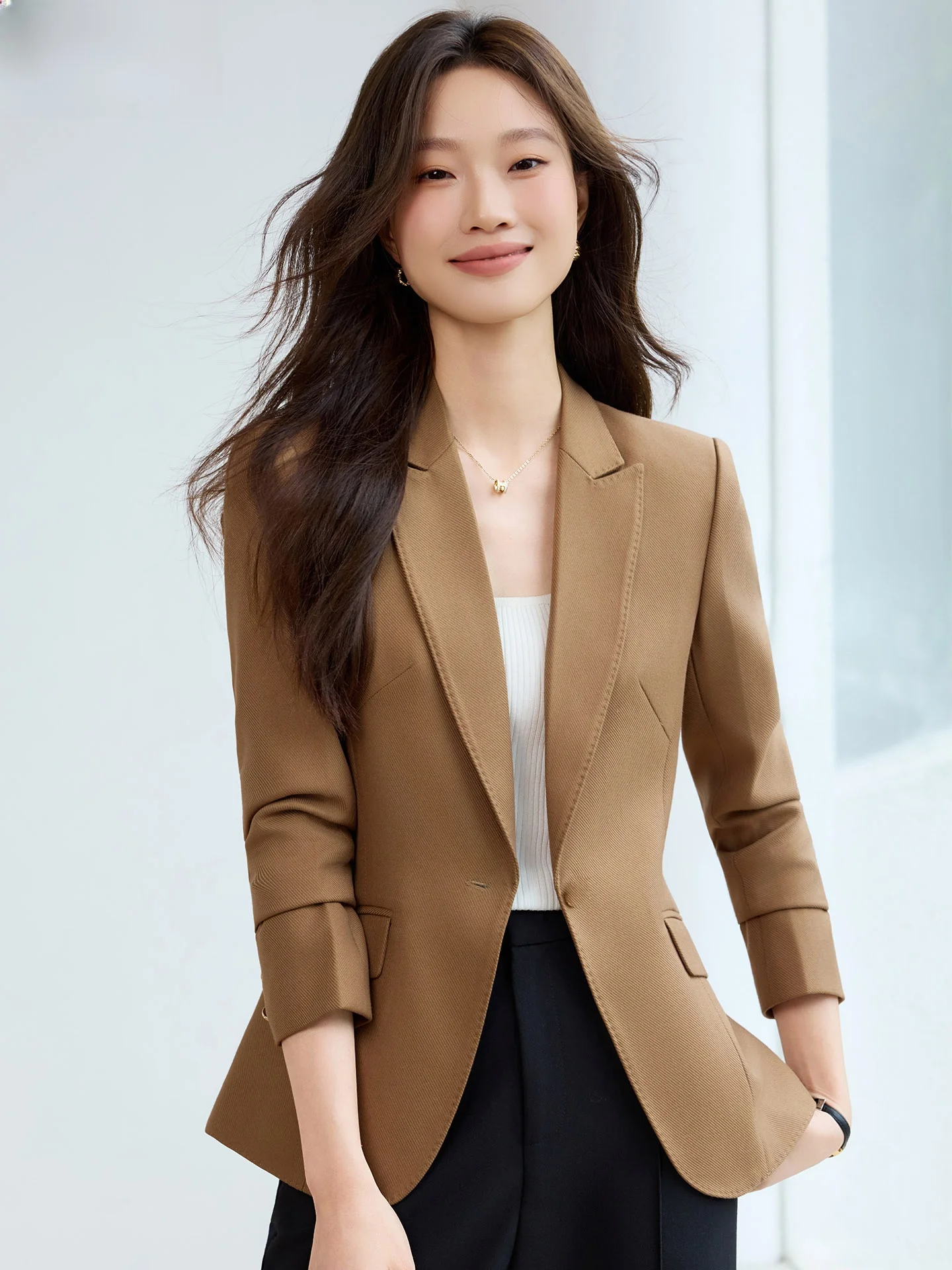 

Caramel-Colored Slim Fit Casual Women's Autumn New Style Short Length Quality Feel Fashionable Polyester Fiber