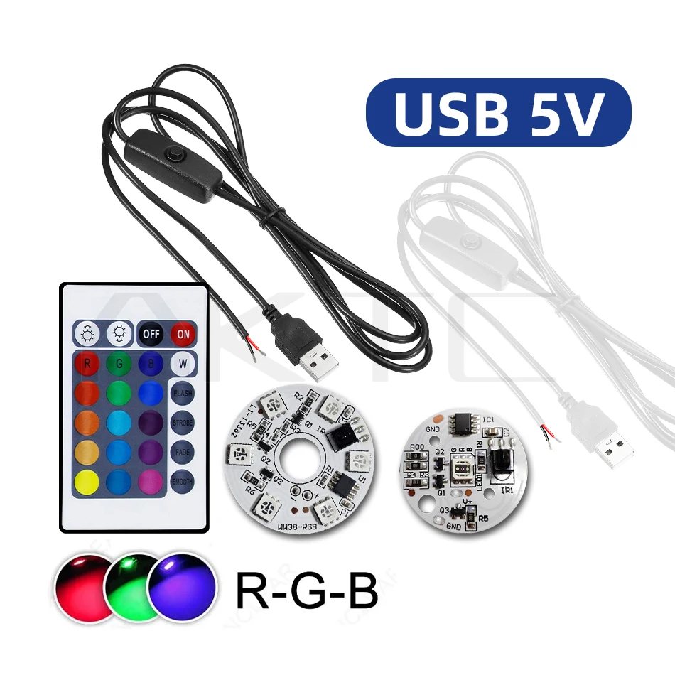 Nowa kolorowa okrągła tablica świetlna RGB 5V OD 31/38 mm Bezprzewodowy pilot zdalnego sterowania na podczerwień i kabel przełącznika USB 1,5 m do