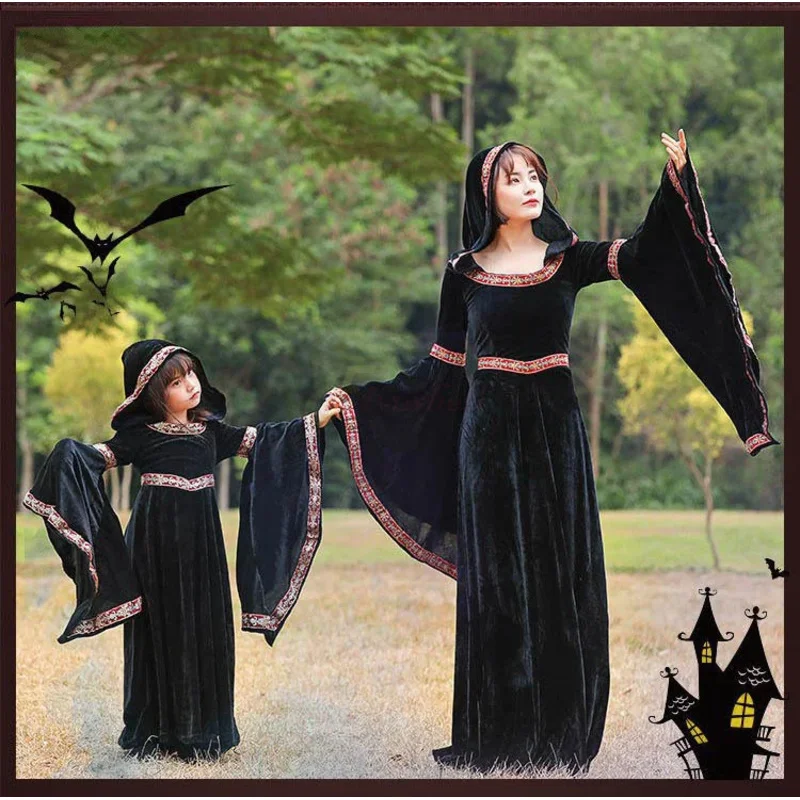 Mittelalterliches viktorianisches Kleid für Frauen Steampunk Flare Sleeve Hexe Robe Cosplay Gothic Kostüm Weinrote Kapuze Langes Kleid Vestidos