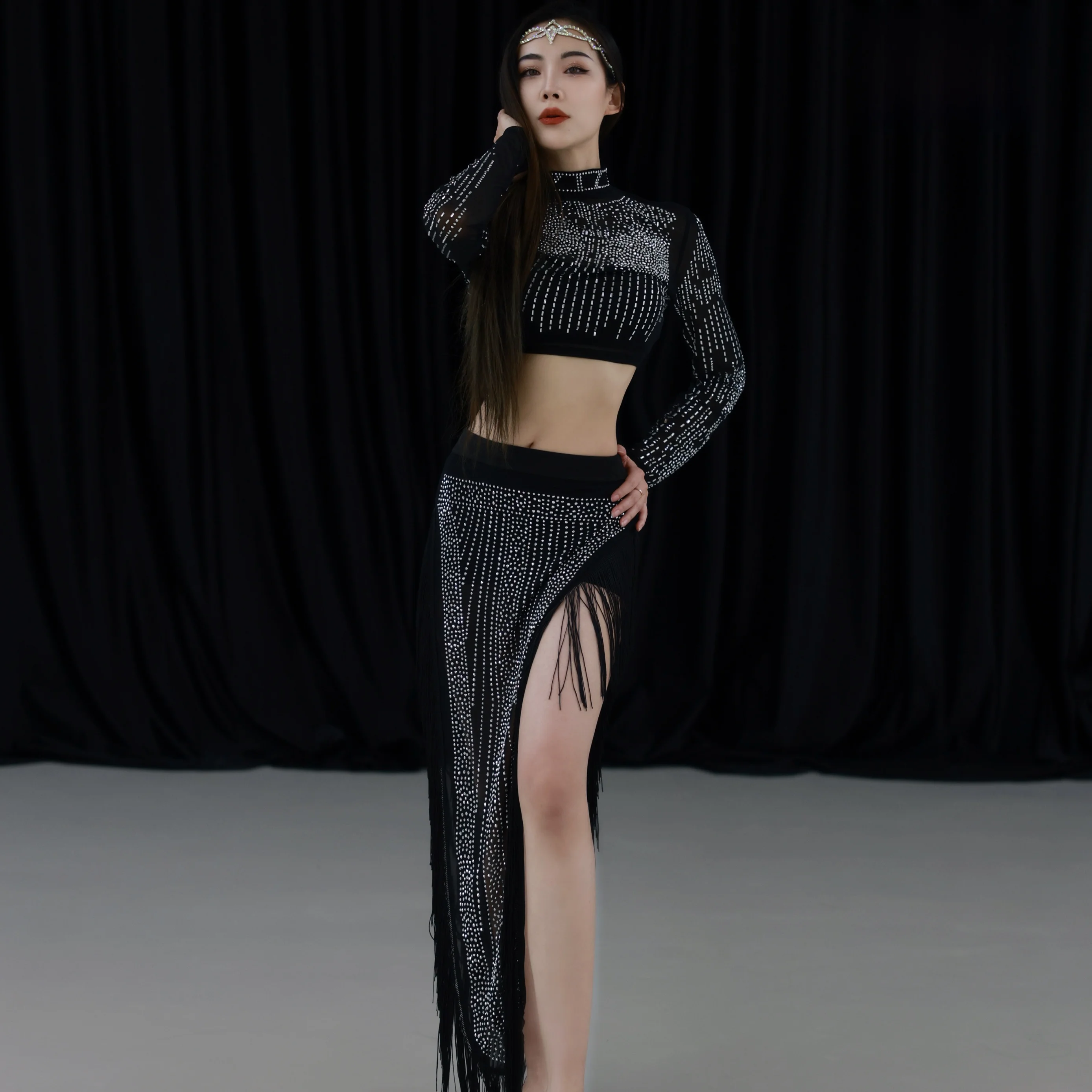 

Ele Belly Dance Practice Suit Performance Costume Lightweight Luxury Separate Sparkling Heavy-Du Set for Women