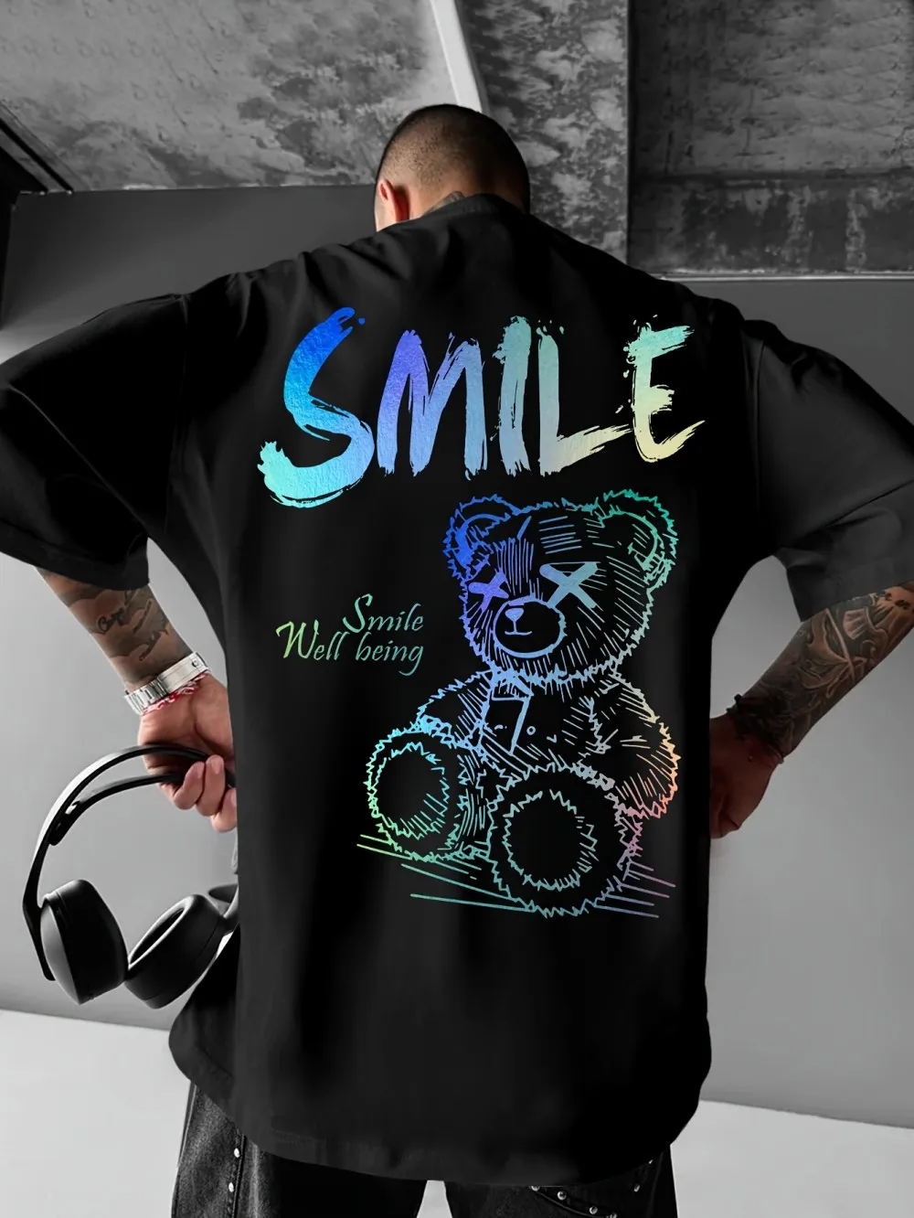Trendy summer new men's personalized teddy bear print micro elastic comfortable breathable round neck T-shirt outdoor urban top