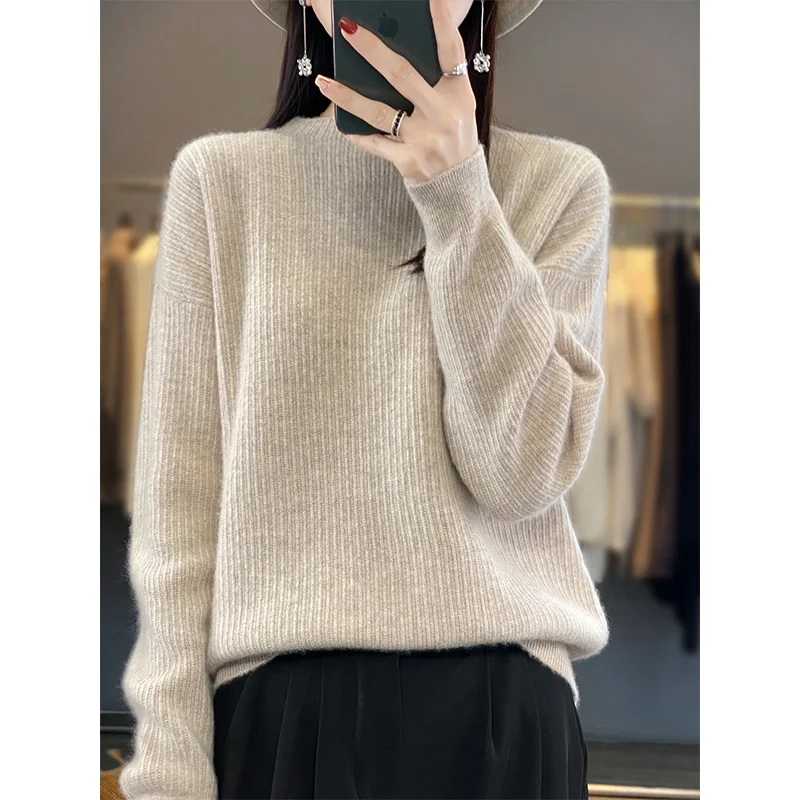 

100% Wool O-neck Women Thicker Sweaters Pullovers Long Sleeve Female Fashion High Elasticity Jumpers 2023 Winter Tops DR01