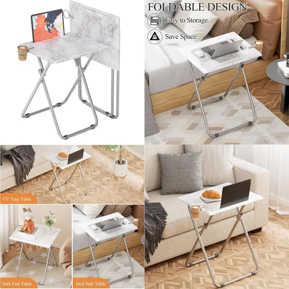 Portable Folding TV Tray Table Set, 2-Piece White Marble Style, with Cup Holders for Snacks, Ideal for Couch and Living Room, Sp