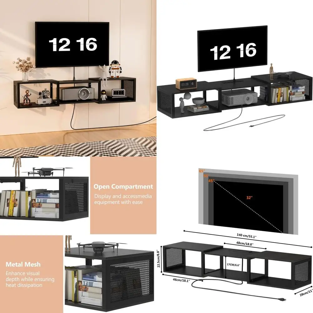 

Wall-Mounted Floating TV Stand with Outlet, Entertainment Center for 65 TVs, Storage Shelf for Living Spaces in Black