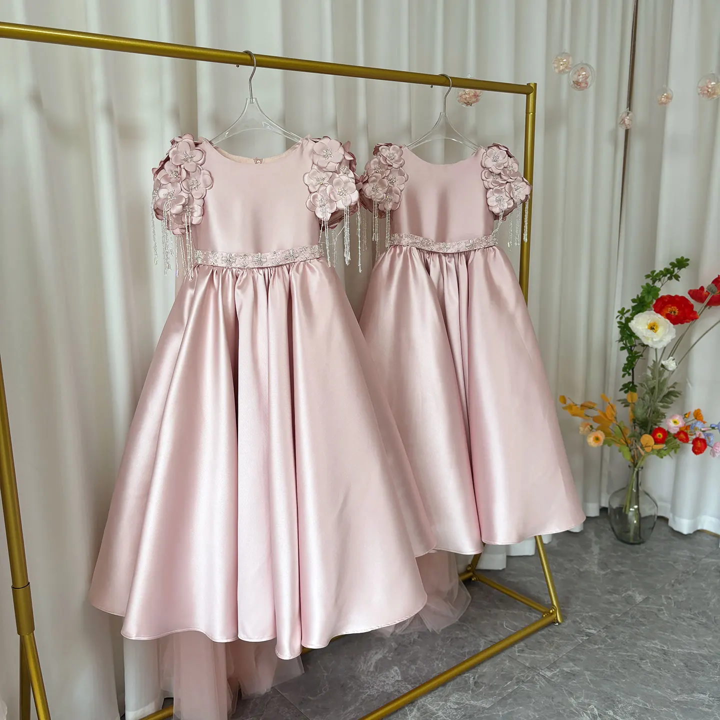 Jill Wish-Vestido de luxo Dusty Pink Girl com boné, frisas árabes, flores artesanais, vestido de princesa, casamento, festa de aniversário, crianças, J037