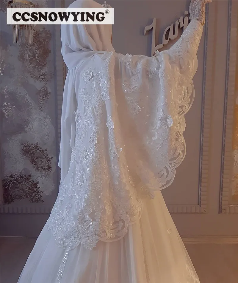 Baju pengantin muslim ลูกไม้สำหรับเจ้าสาวชุดคลุมยาวสำหรับเจ้าสาว, ชุดเจ้าสาวอิสลามแขนยาวคอสูงสำหรับผู้หญิงอาหรับดูไบเสื้อคลุมมาเรีย