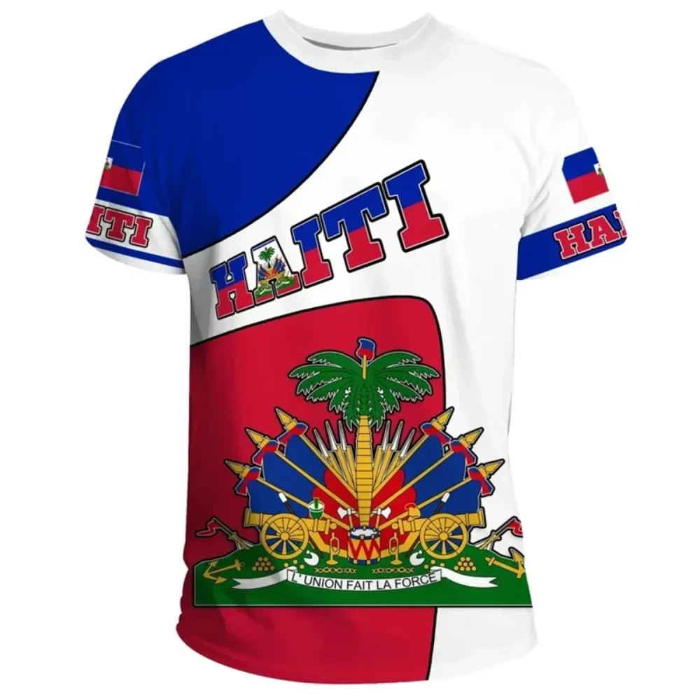 Camiseta con estampado 3D de emblema de Haití para hombre, camisetas con estampado de bandera haitiana de la isla caribeña, camisetas informales de manga corta con cuello redondo