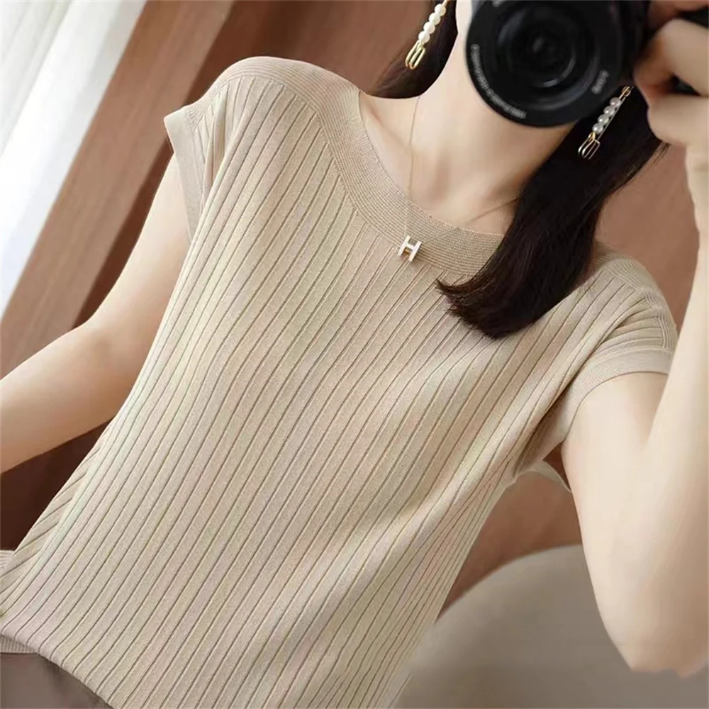 2024 New One Word Neck Ice Silk Knitted Short Sleeve Women's Summer Thin Wear Versatile T-shirt Top Loose Half Sleeve